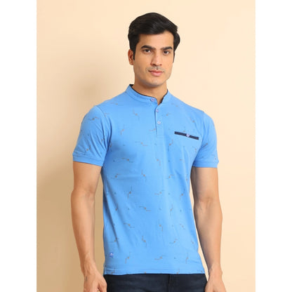 PKRKART Men's Casual Cotton Printed Mandarin Collar Half Sleeve T-Shirt (LightBlue)