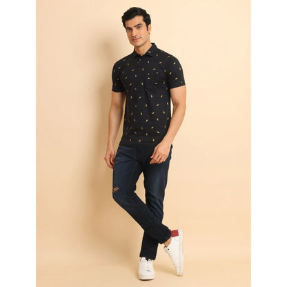 PKRKART Men's Casual Cotton Printed Polo Neck Half Sleeve T-Shirt (Black)