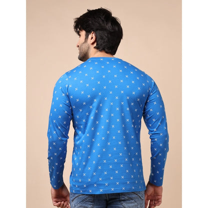 PKRKART Men's Casual Cotton Printed Round Neck Full Sleeve T-Shirt (Blue)