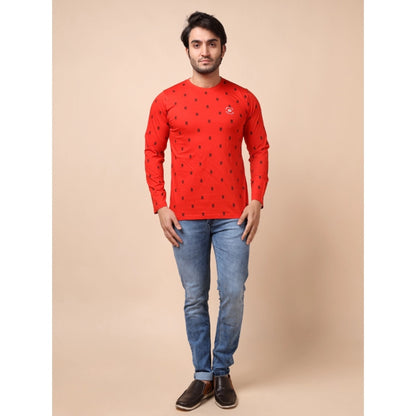 PKRKART Men's Casual Cotton Printed Round Neck Full Sleeve T-Shirt (Red)