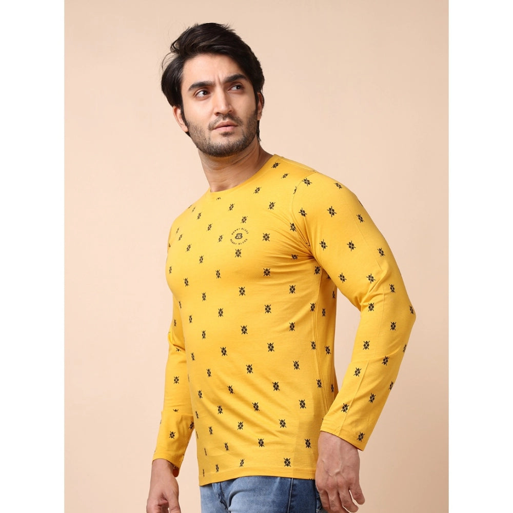 PKRKART Men's Casual Cotton Printed Round Neck Full Sleeve T-Shirt (Mustard)