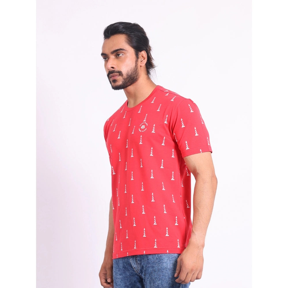 PKRKART Men's Casual Cotton Printed Round Neck Half Sleeve T-Shirt (Red)