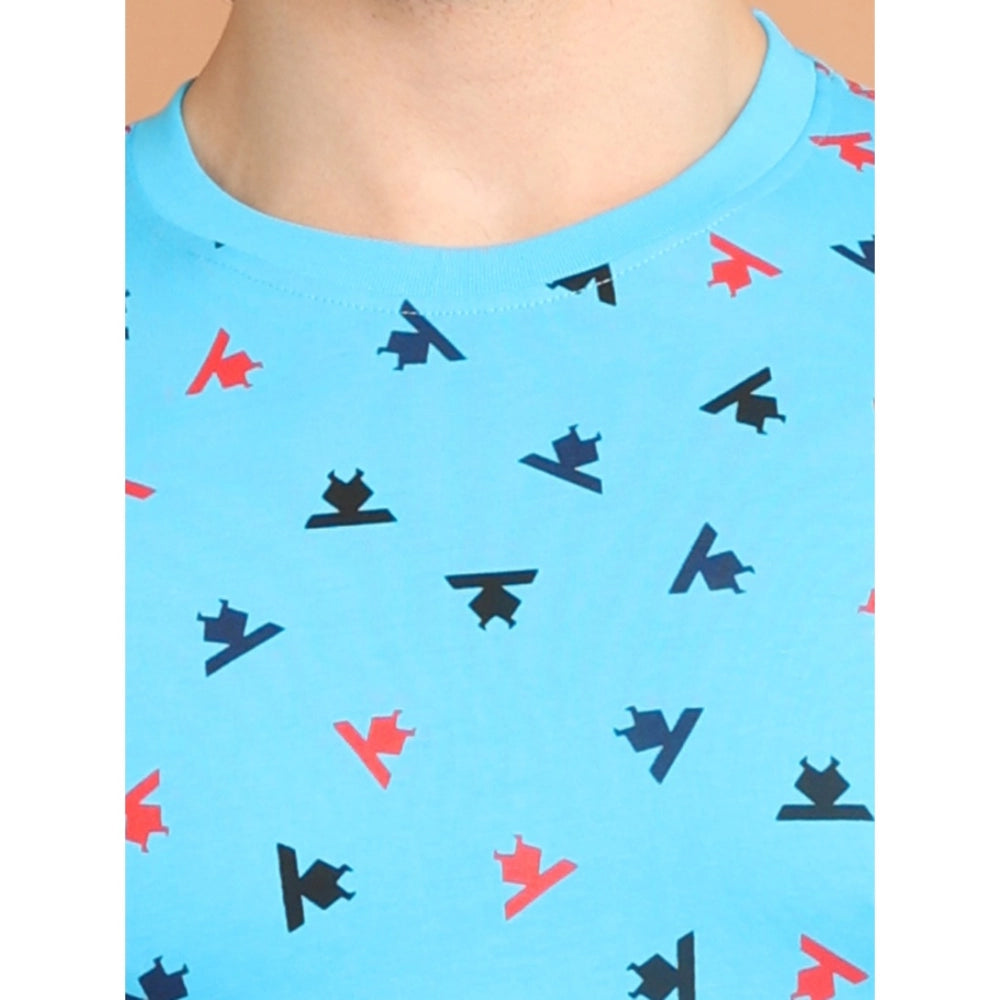 PKRKART Men's Casual Cotton Printed Round Neck Half Sleeve T-Shirt (Skyblue)