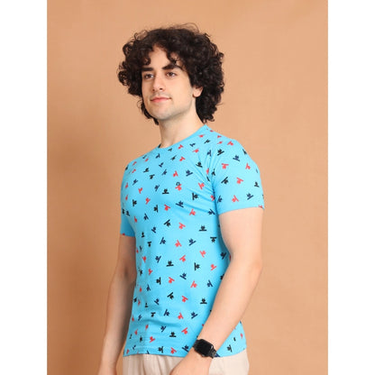 PKRKART Men's Casual Cotton Printed Round Neck Half Sleeve T-Shirt (Skyblue)