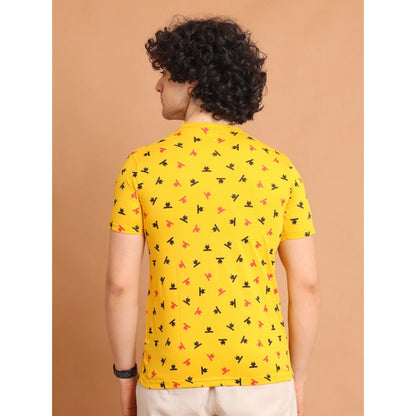 PKRKART Men's Casual Cotton Printed Round Neck Half Sleeve T-Shirt (Yellow)