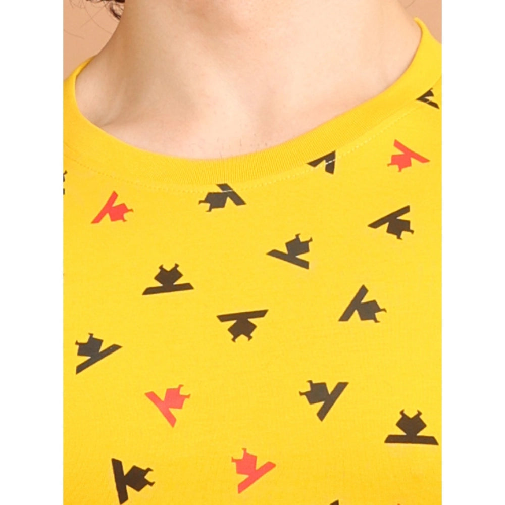 PKRKART Men's Casual Cotton Printed Round Neck Half Sleeve T-Shirt (Yellow)