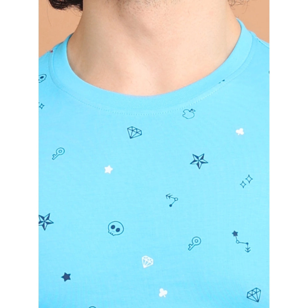 PKRKART Men's Casual Cotton Printed Round Neck Half Sleeve T-Shirt (Skyblue)