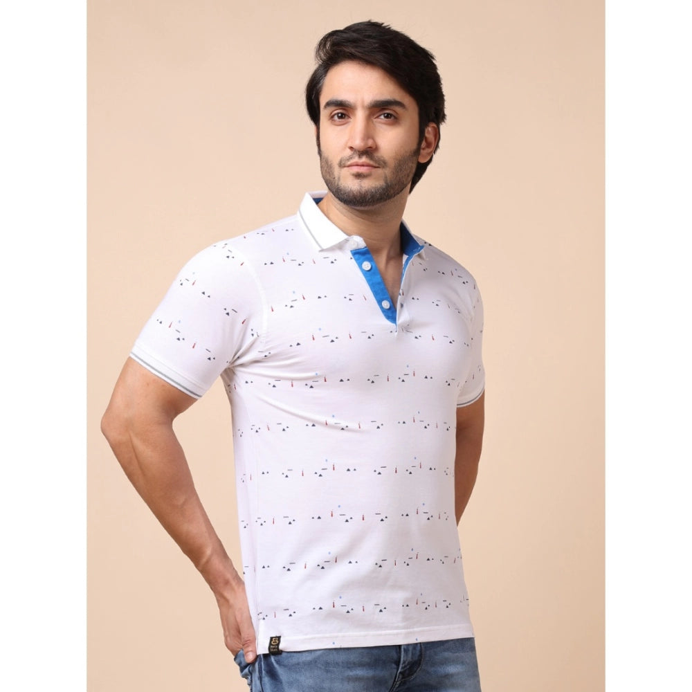 PKRKART Men's Casual Cotton Printed Polo Neck Half Sleeve T-Shirt (White)