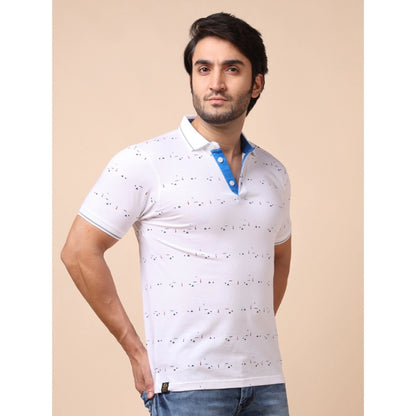 PKRKART Men's Casual Cotton Printed Polo Neck Half Sleeve T-Shirt (White)