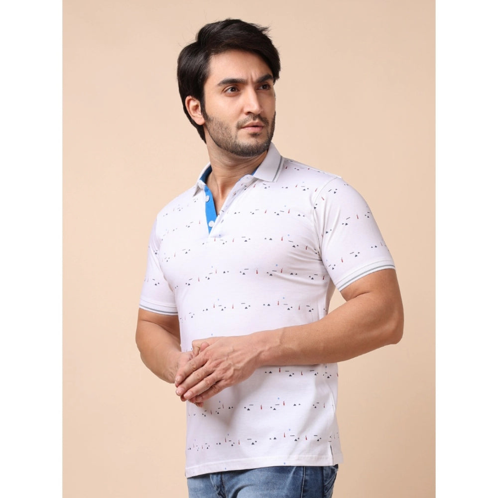 PKRKART Men's Casual Cotton Printed Polo Neck Half Sleeve T-Shirt (White)