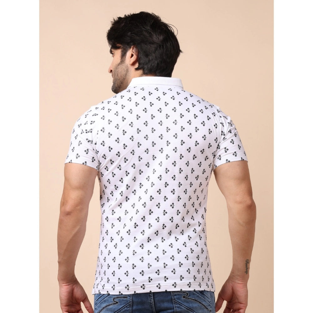 PKRKART Men's Casual Cotton Printed Polo Neck Half Sleeve T-Shirt (White)