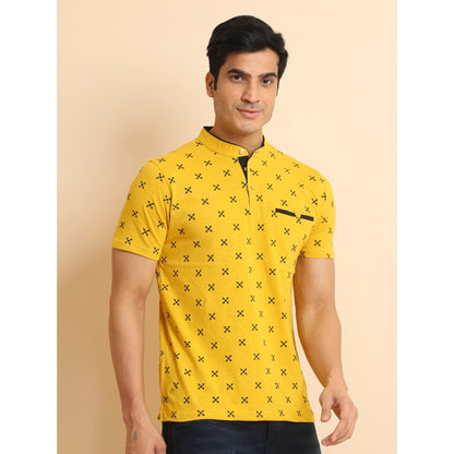 PKRKART Men's Casual Cotton Printed Mandarin Collar Half Sleeve T-Shirt (Mustard)