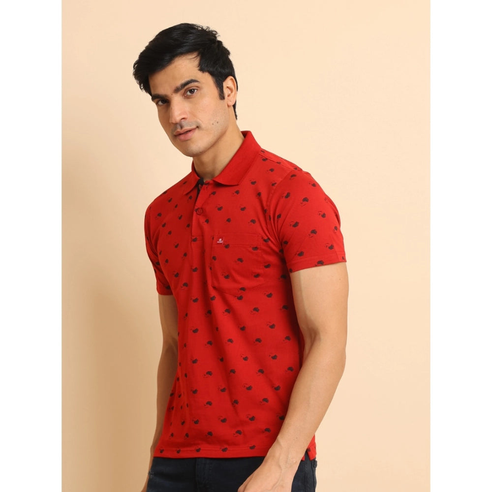 PKRKART Men's Casual Cotton Printed Polo Neck Half Sleeve T-Shirt (Red)