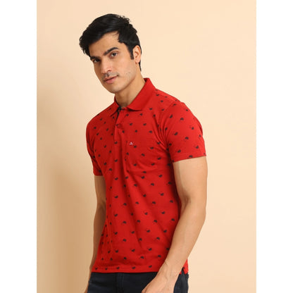 PKRKART Men's Casual Cotton Printed Polo Neck Half Sleeve T-Shirt (Red)