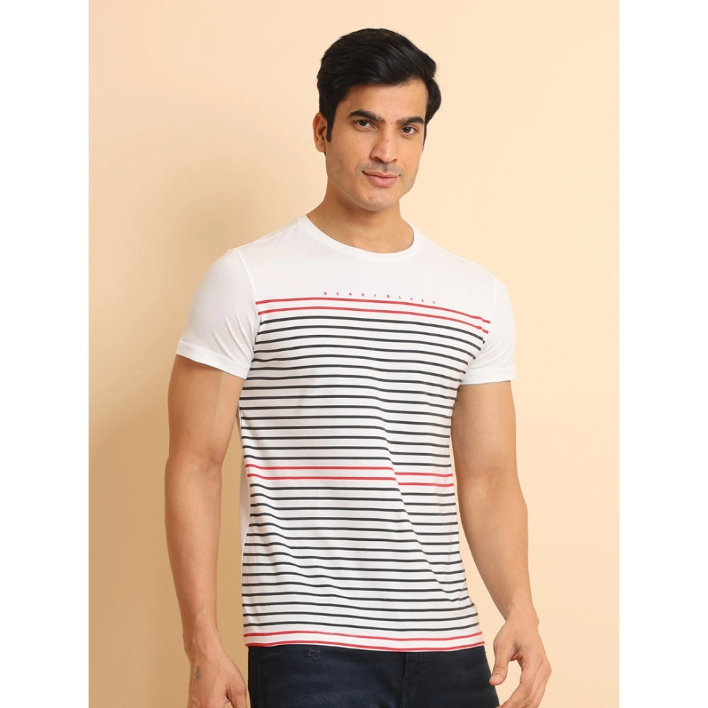 PKRKART Men's Casual Cotton Printed Round Neck Half Sleeve T-Shirt (White)