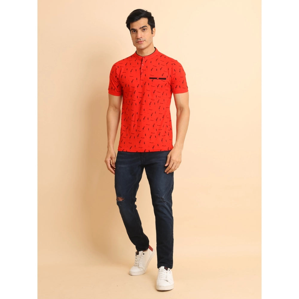 PKRKART Men's Casual Cotton Printed Mandarin Collar Half Sleeve T-Shirt (Red)
