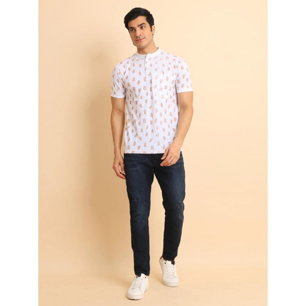 PKRKART Men's Casual Cotton Printed Mandarin Collar Half Sleeve T-Shirt (White)