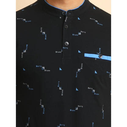 PKRKART Men's Casual Cotton Printed Mandarin Collar Half Sleeve T-Shirt (Navy)