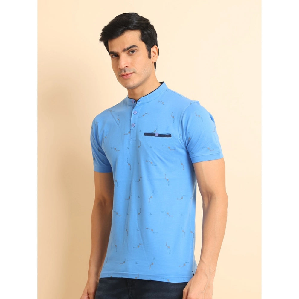 PKRKART Men's Casual Cotton Printed Mandarin Collar Half Sleeve T-Shirt (LightBlue)