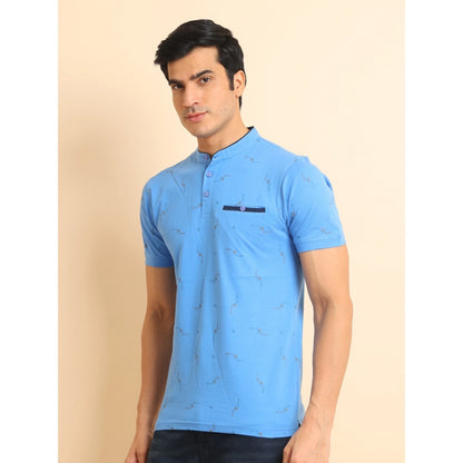 PKRKART Men's Casual Cotton Printed Mandarin Collar Half Sleeve T-Shirt (LightBlue)
