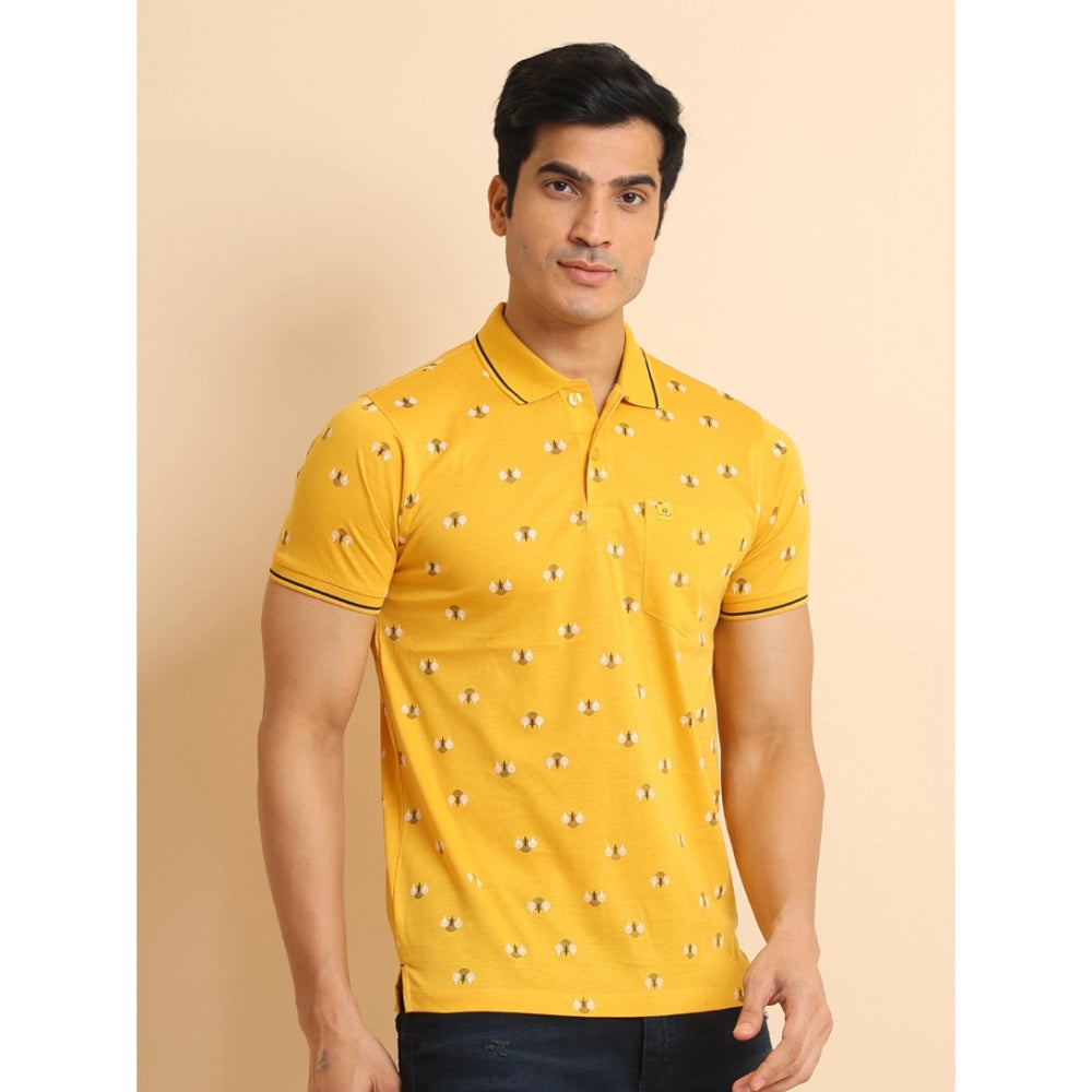 PKRKART Men's Casual Cotton Printed Polo Neck Half Sleeve T-Shirt (Mustard)