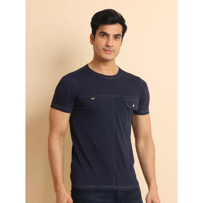 PKRKART Men's Casual Cotton Solid Round Neck Half Sleeve T-Shirt (Navy)