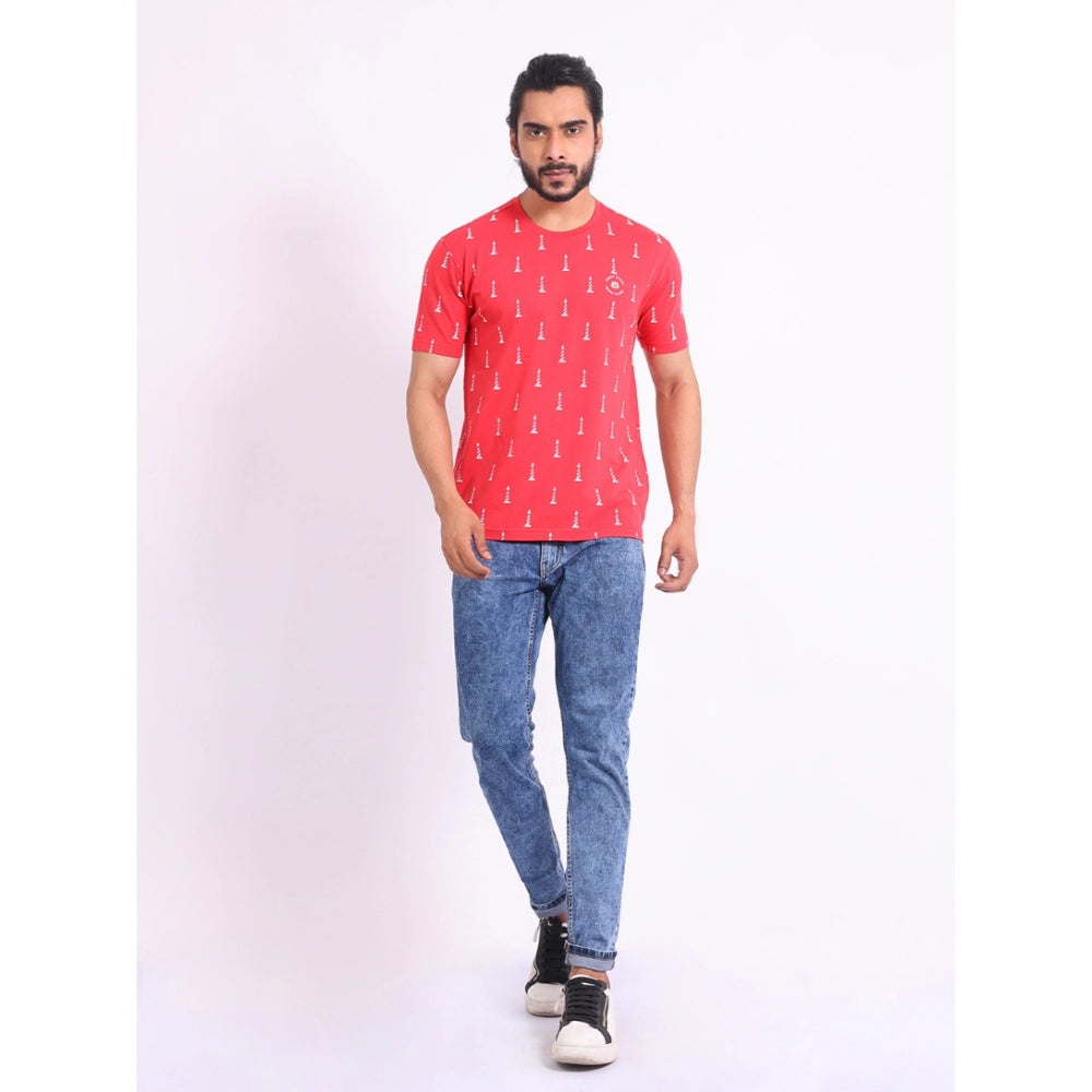 PKRKART Men's Casual Cotton Printed Round Neck Half Sleeve T-Shirt (Red)
