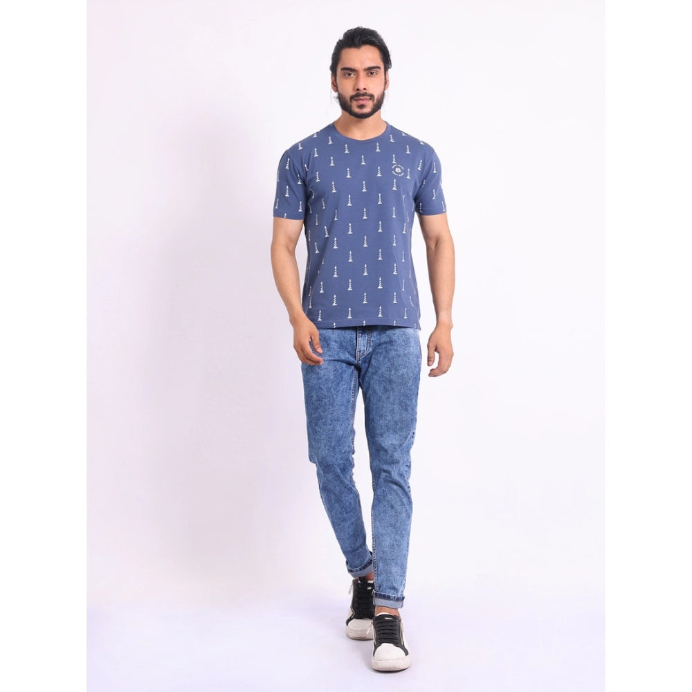 PKRKART Men's Casual Cotton Printed Round Neck Half Sleeve T-Shirt (Blue)