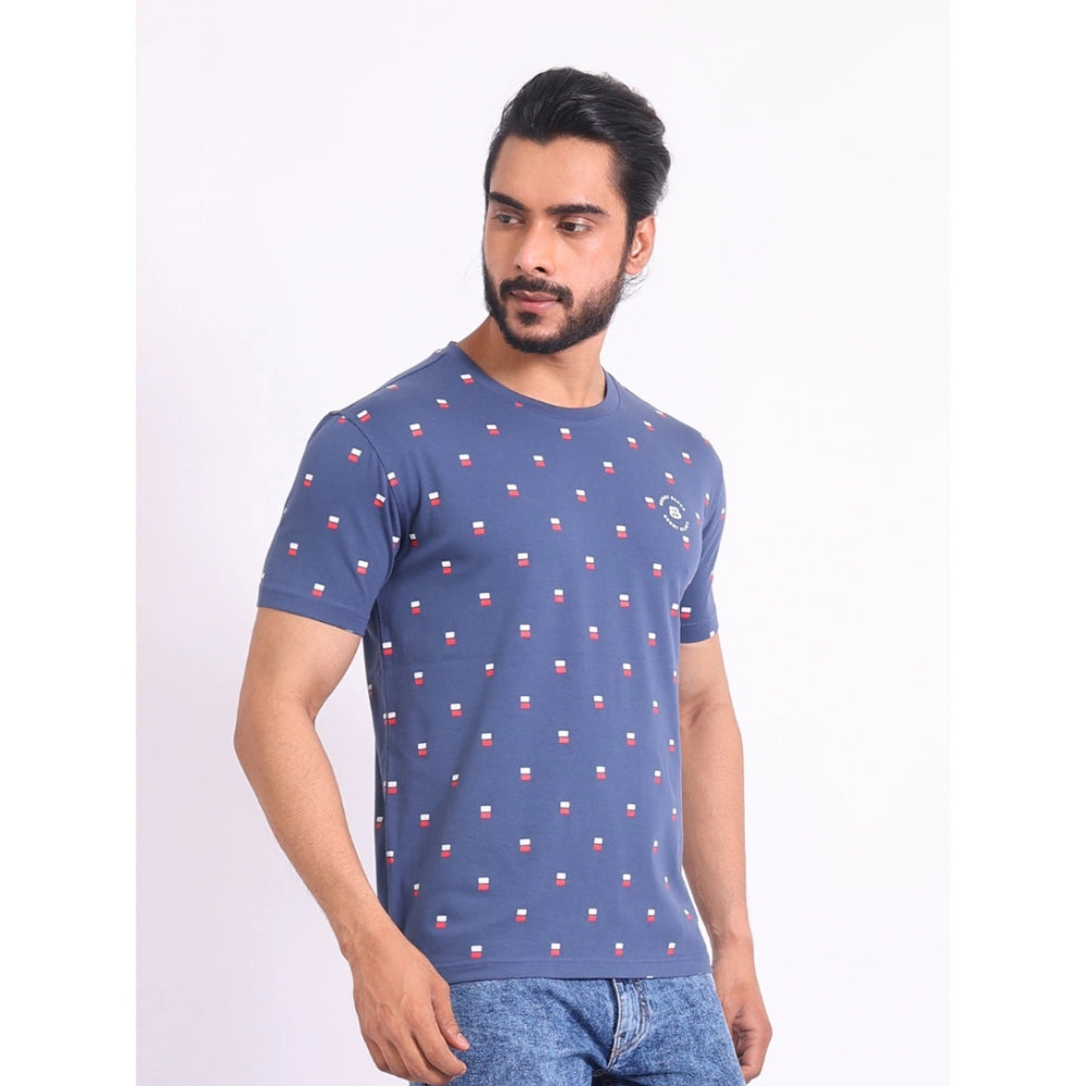 PKRKART Men's Casual Cotton Printed Round Neck Half Sleeve T-Shirt (Blue)