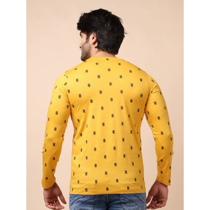 PKRKART Men's Casual Cotton Printed Round Neck Full Sleeve T-Shirt (Mustard)