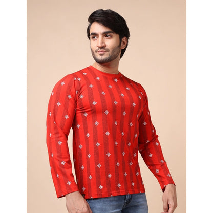 PKRKART Men's Casual Cotton Printed Round Neck Full Sleeve T-Shirt (Red)