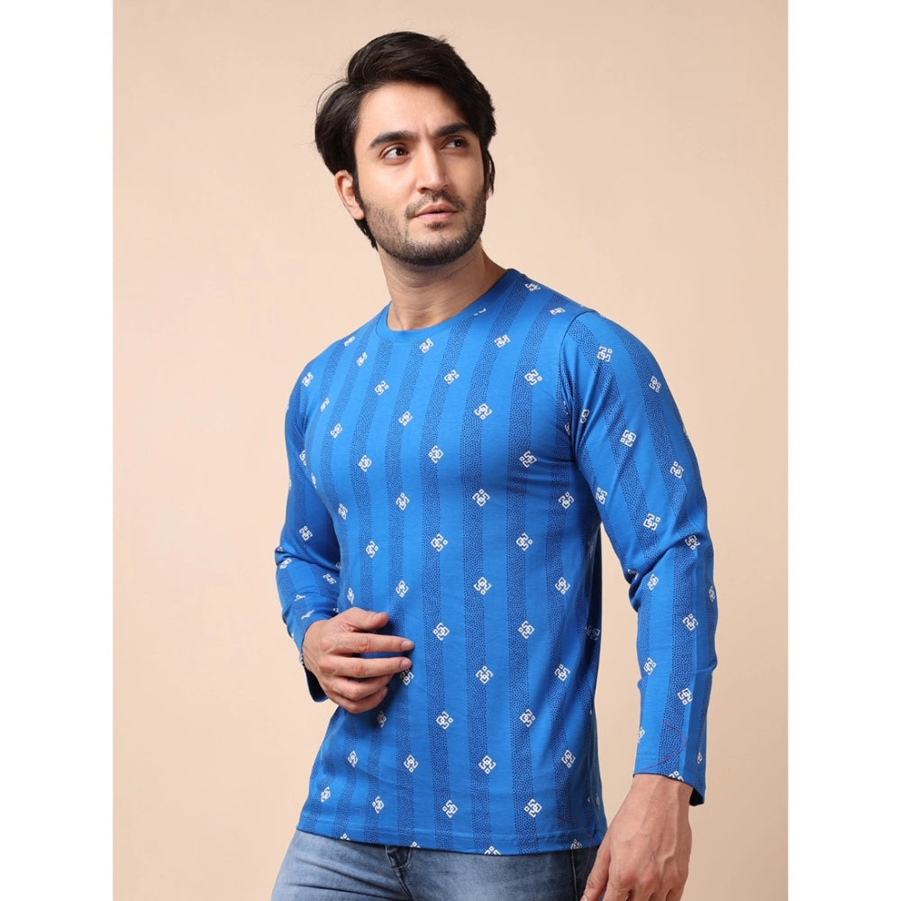 PKRKART Men's Casual Cotton Printed Round Neck Full Sleeve T-Shirt (Blue)