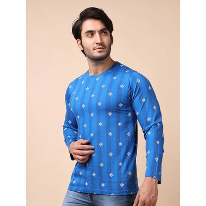 PKRKART Men's Casual Cotton Printed Round Neck Full Sleeve T-Shirt (Blue)