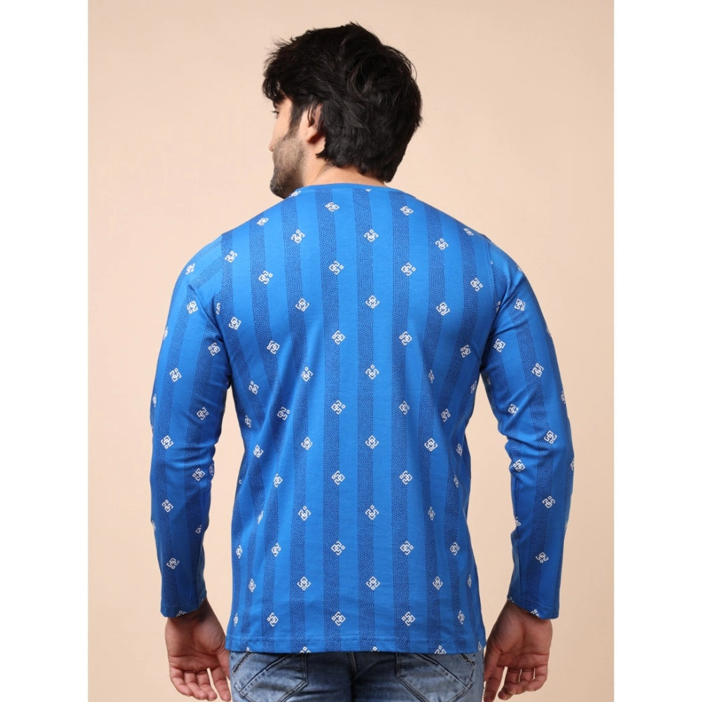 PKRKART Men's Casual Cotton Printed Round Neck Full Sleeve T-Shirt (Blue)
