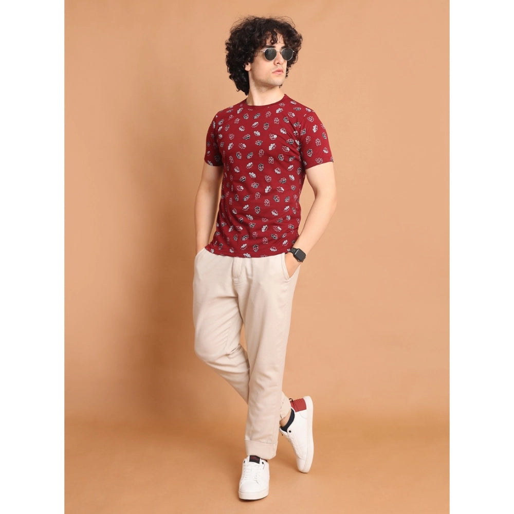 PKRKART Men's Casual Cotton Printed Round Neck Half Sleeve T-Shirt (Maroon)