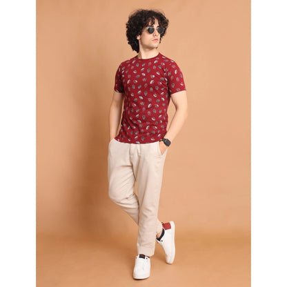 PKRKART Men's Casual Cotton Printed Round Neck Half Sleeve T-Shirt (Maroon)