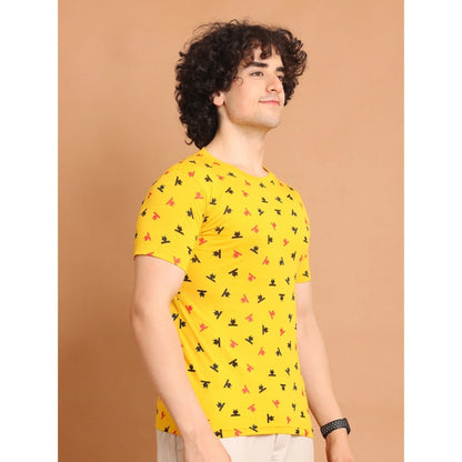PKRKART Men's Casual Cotton Printed Round Neck Half Sleeve T-Shirt (Yellow)