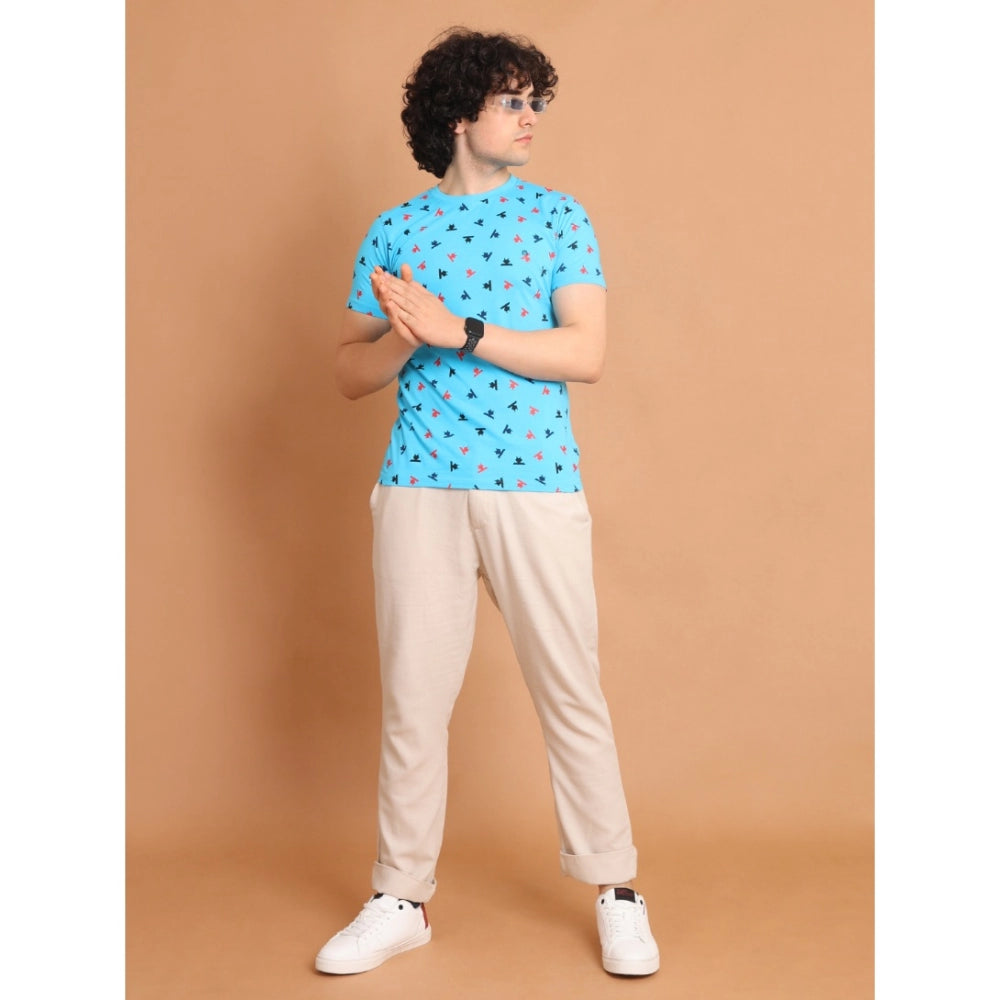 PKRKART Men's Casual Cotton Printed Round Neck Half Sleeve T-Shirt (Skyblue)