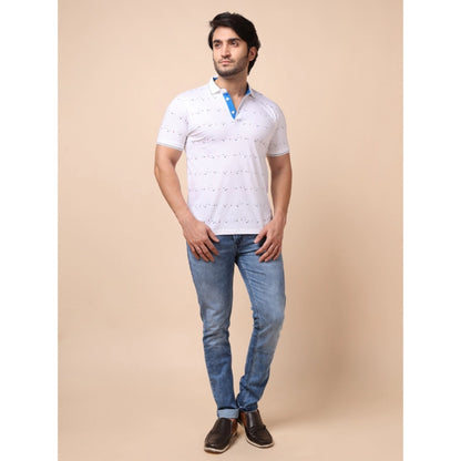 PKRKART Men's Casual Cotton Printed Polo Neck Half Sleeve T-Shirt (White)