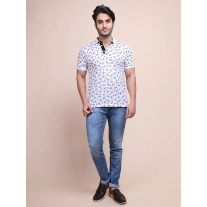 PKRKART Men's Casual Cotton Printed Polo Neck Half Sleeve T-Shirt (White)