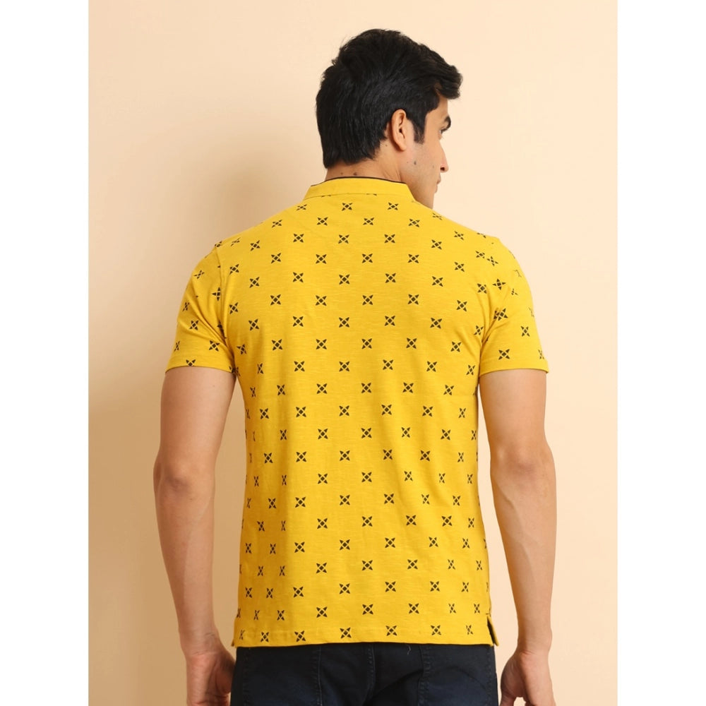 PKRKART Men's Casual Cotton Printed Mandarin Collar Half Sleeve T-Shirt (Mustard)