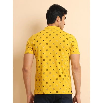 PKRKART Men's Casual Cotton Printed Mandarin Collar Half Sleeve T-Shirt (Mustard)