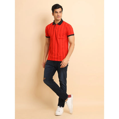 PKRKART Men's Casual Cotton Printed Polo Neck Half Sleeve T-Shirt (Red)