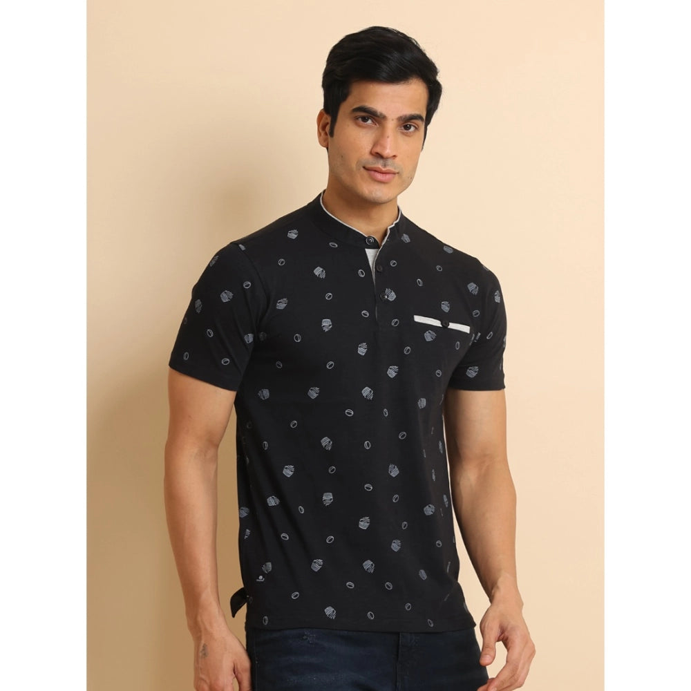 PKRKART Men's Casual Cotton Printed Mandarin Collar Half Sleeve T-Shirt (Black)