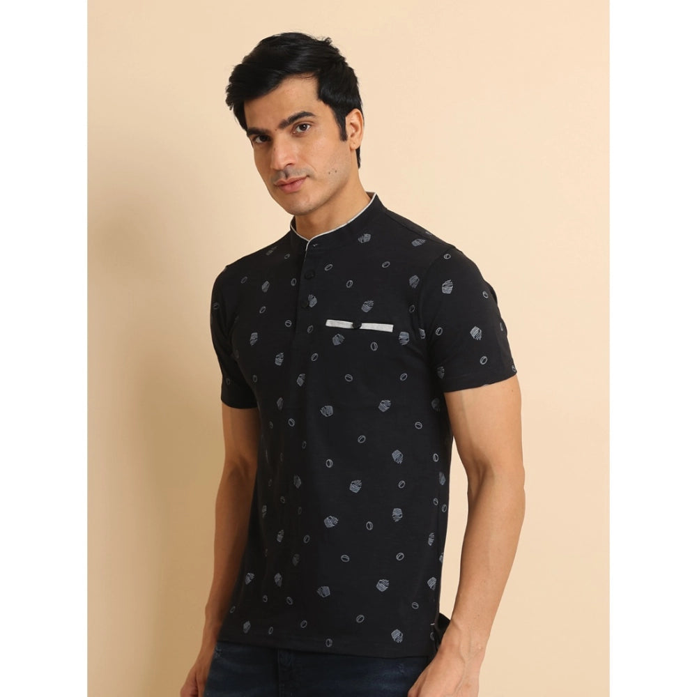 PKRKART Men's Casual Cotton Printed Mandarin Collar Half Sleeve T-Shirt (Black)