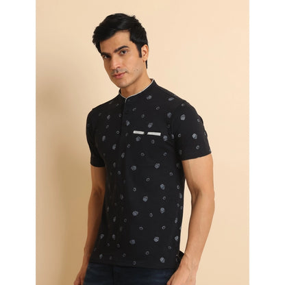 PKRKART Men's Casual Cotton Printed Mandarin Collar Half Sleeve T-Shirt (Black)