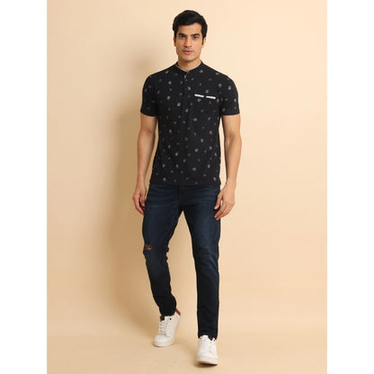 PKRKART Men's Casual Cotton Printed Mandarin Collar Half Sleeve T-Shirt (Black)