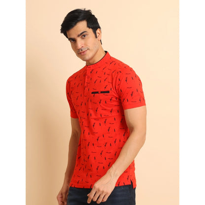 PKRKART Men's Casual Cotton Printed Mandarin Collar Half Sleeve T-Shirt (Red)