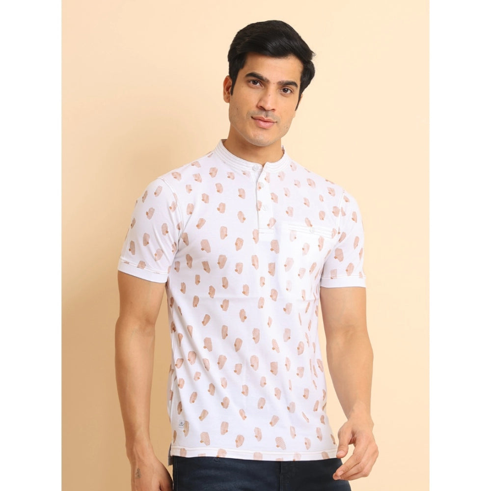 PKRKART Men's Casual Cotton Printed Mandarin Collar Half Sleeve T-Shirt (White)