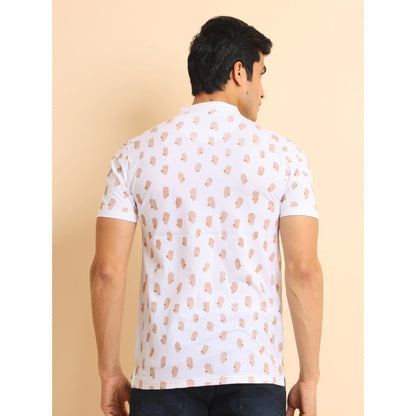 PKRKART Men's Casual Cotton Printed Mandarin Collar Half Sleeve T-Shirt (White)
